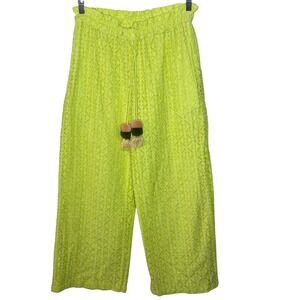 Ollari New York‎ Neon Yellow Lace Wide Leg Cropped Pants Pockets S